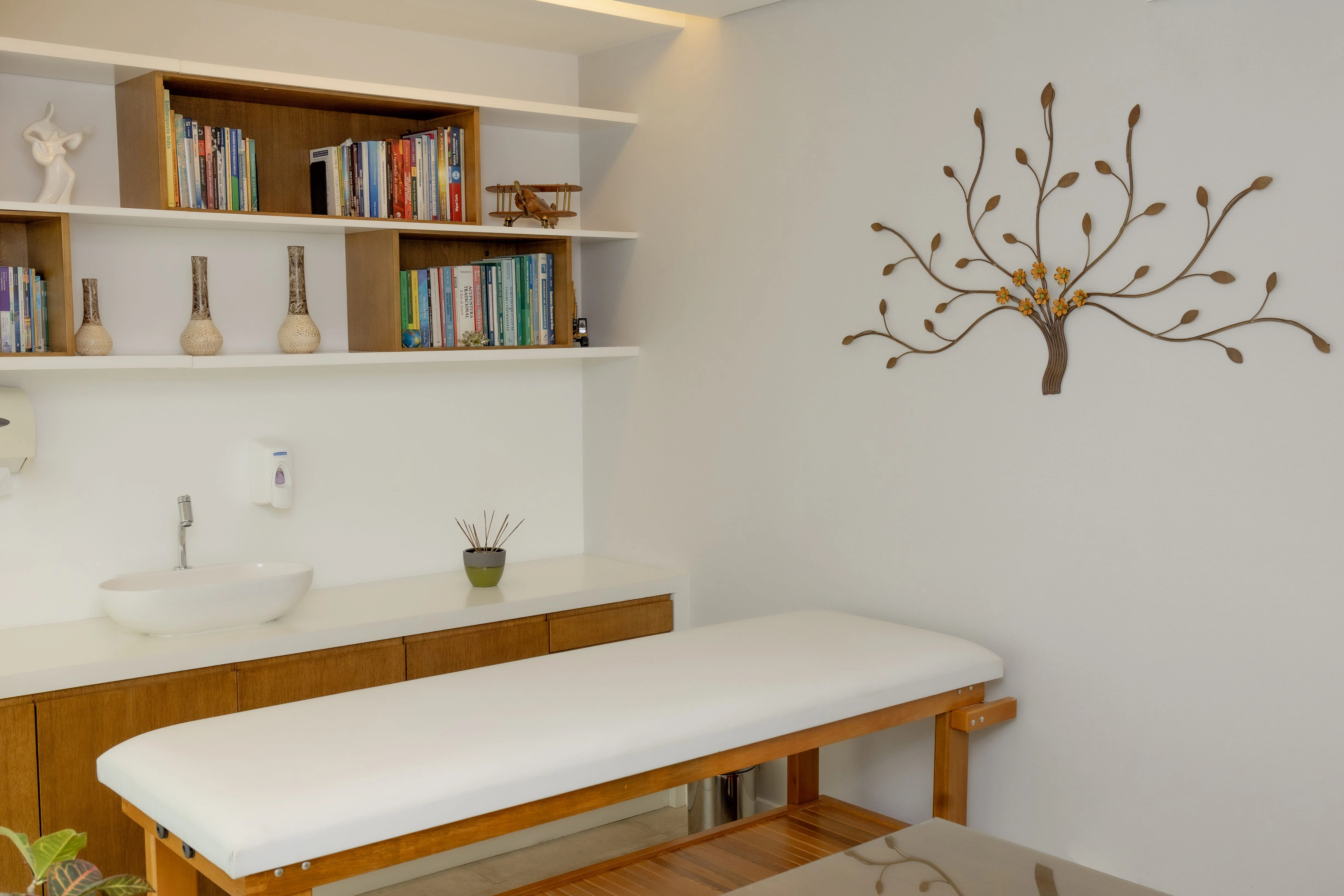 Consultório da Integer Clinic, com estante de livros, maca e uma árvore decorativa na parede